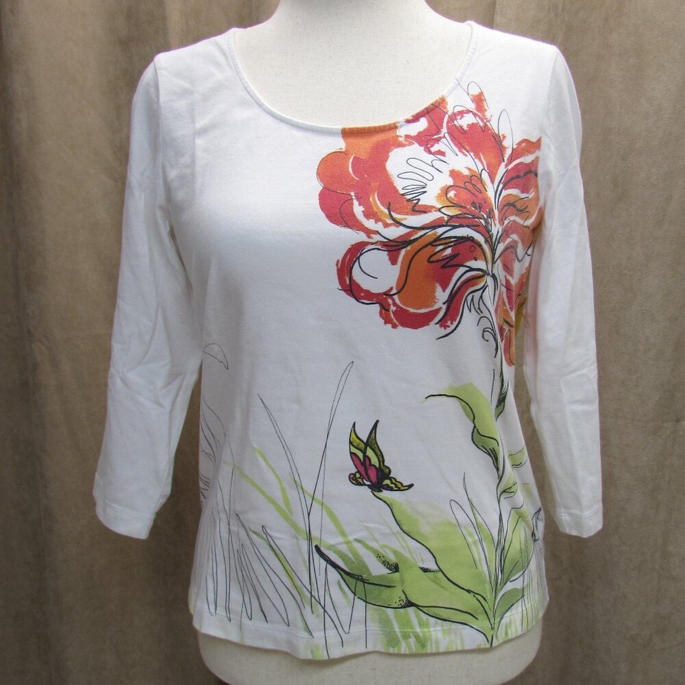 Chicos Cotton Flower Butterfly 3/4 Sleeve Top Large